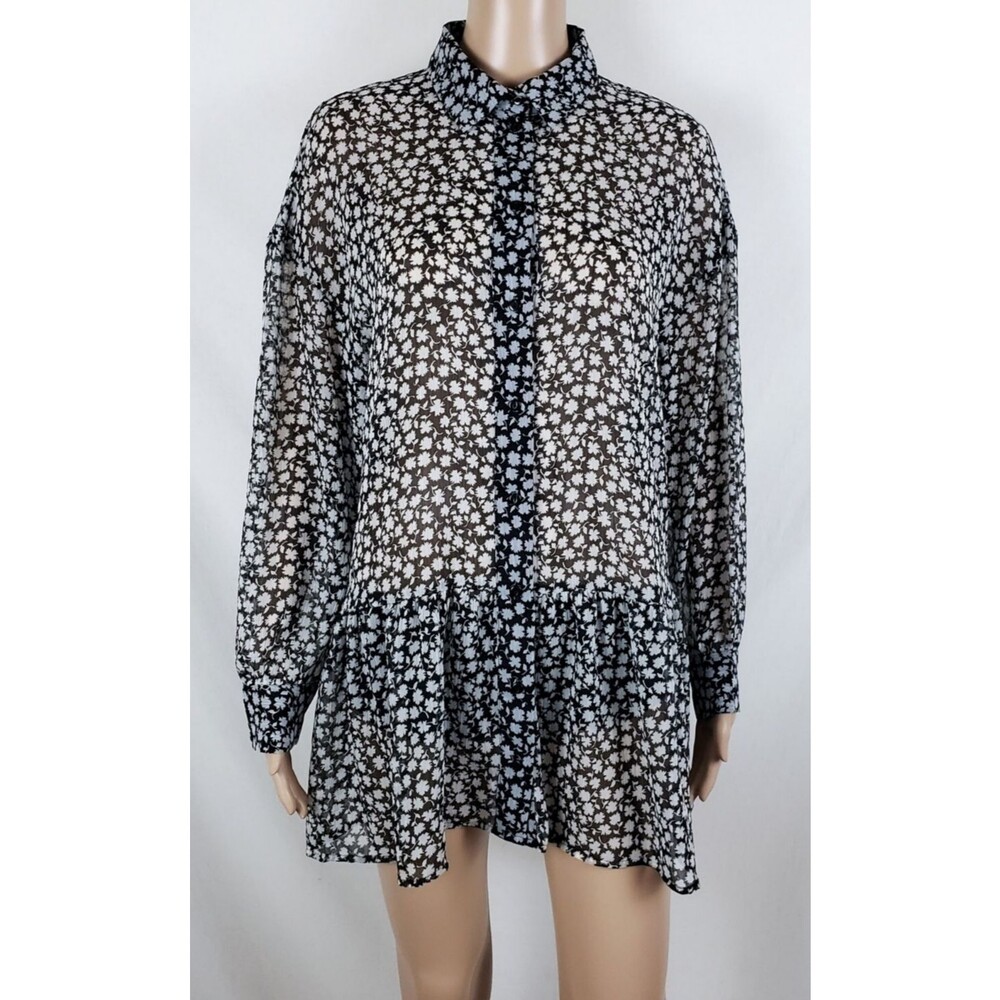 H&M Womens 6 Drop Waist Shirt Sheer Button-Up Tunic French Girl Ditsy Floral